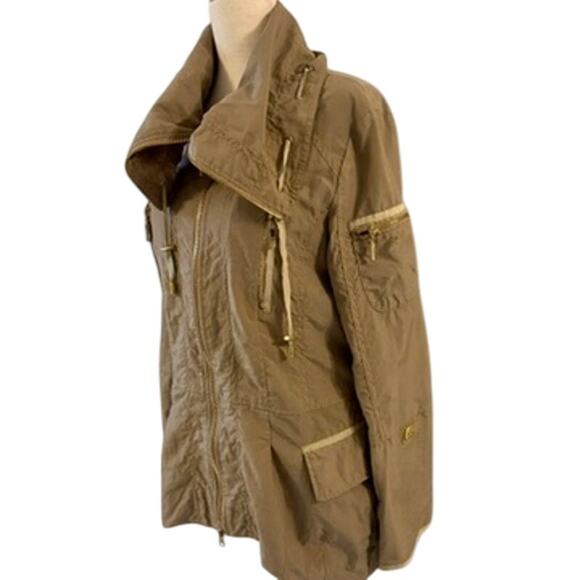 Venezia Milano Tan Brown Hooded Rain Jacket Gold Zippers Small Lined Zippers - Picture 1 of 14